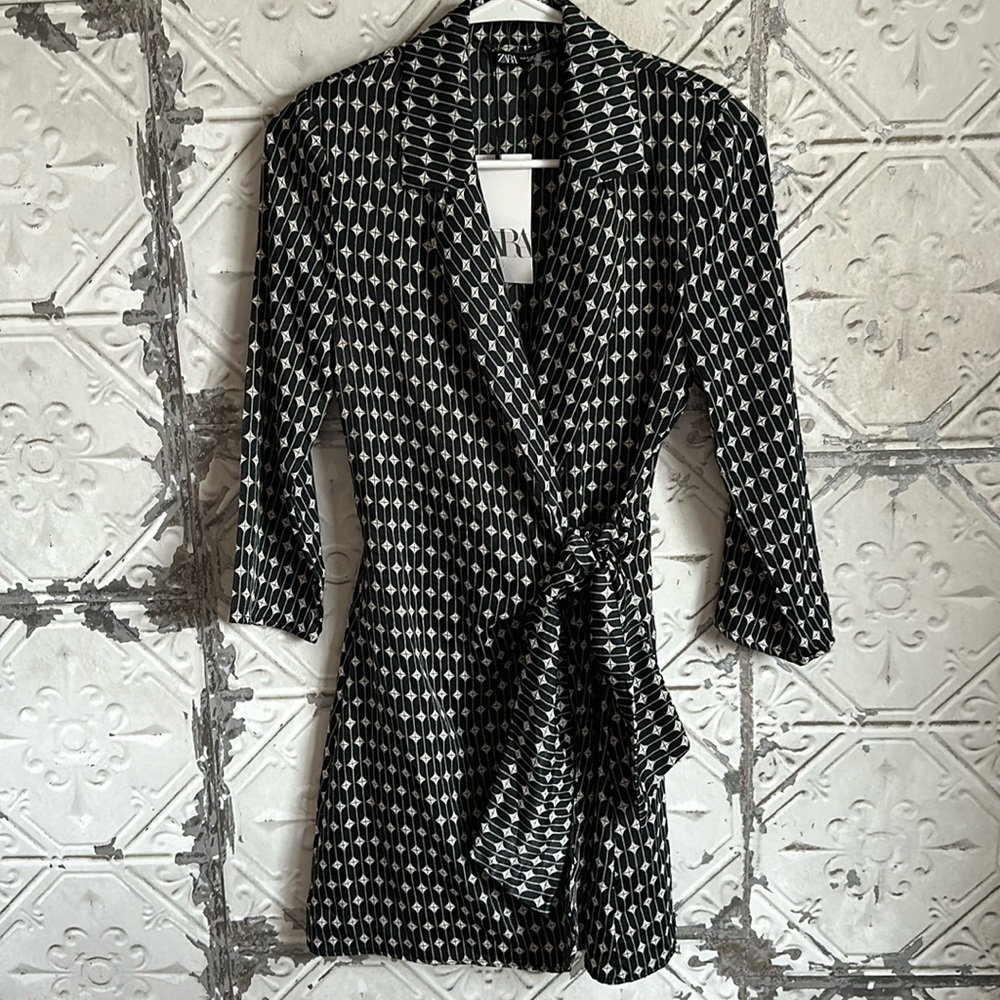 Zara black and white patterned wrap dress